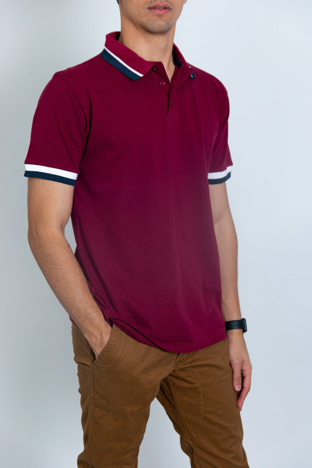 Burgundy Solid Pique Polo With Tipping Collar